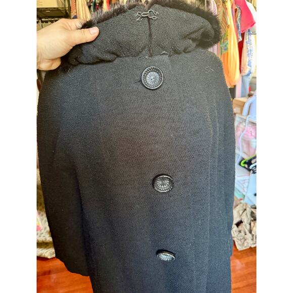 Vintage Betty Rose Black Wool Coat Fur Collar Mob Wife Jacket Small Union Made - Picture 2 of 8